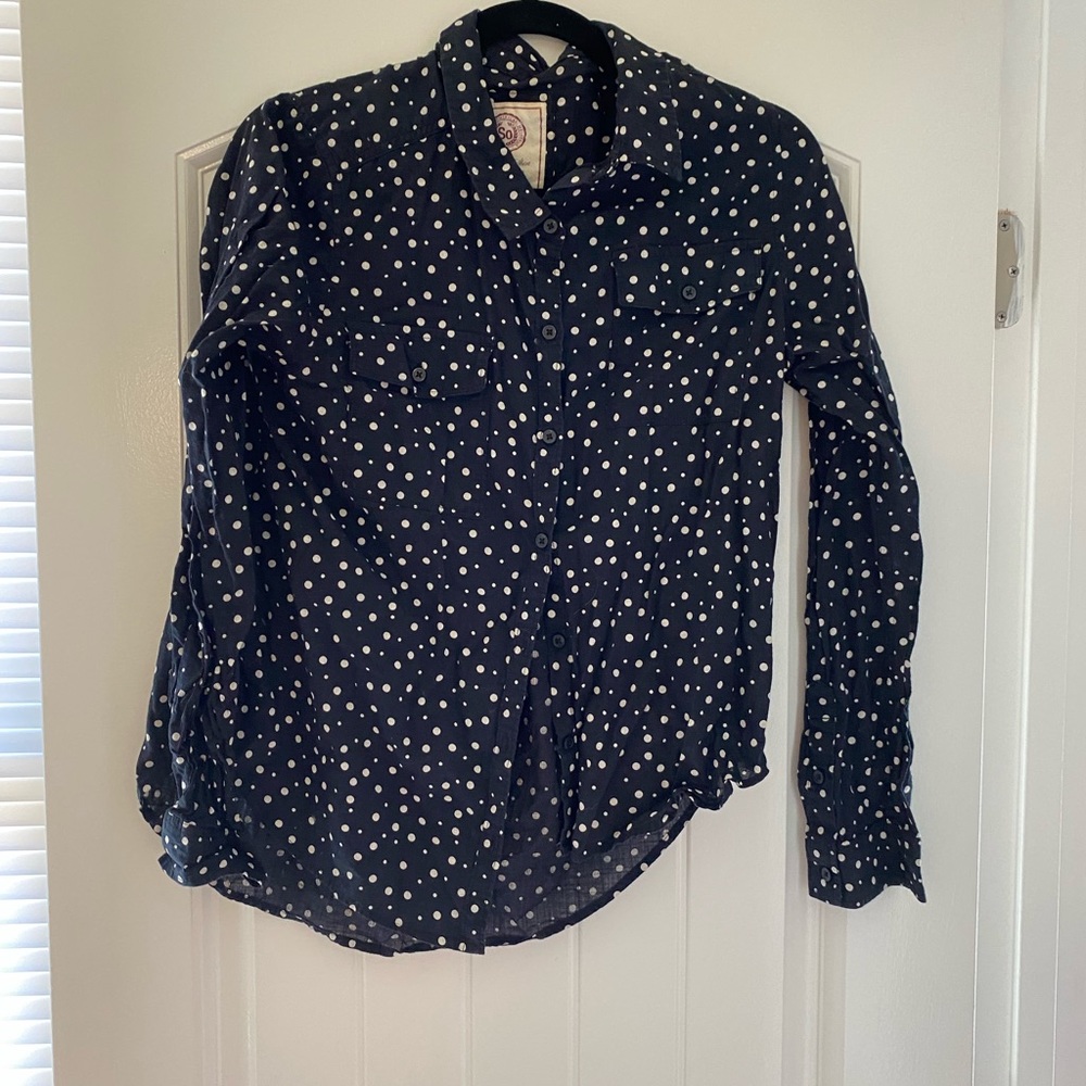 Navy blue and polka dot %100 cotton button down shirt.